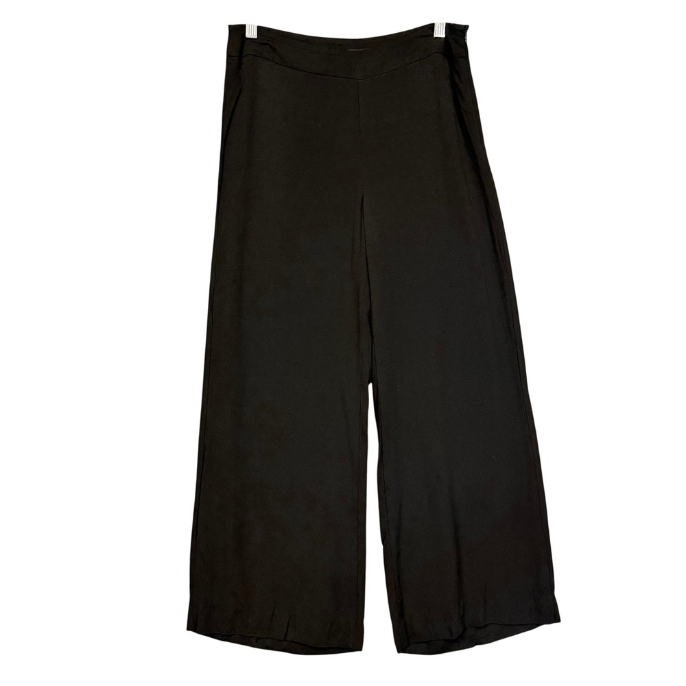 Zara‎ Basic Wide Leg Pants Womens Medium Black High Rise Side Zip Viscose Crepe